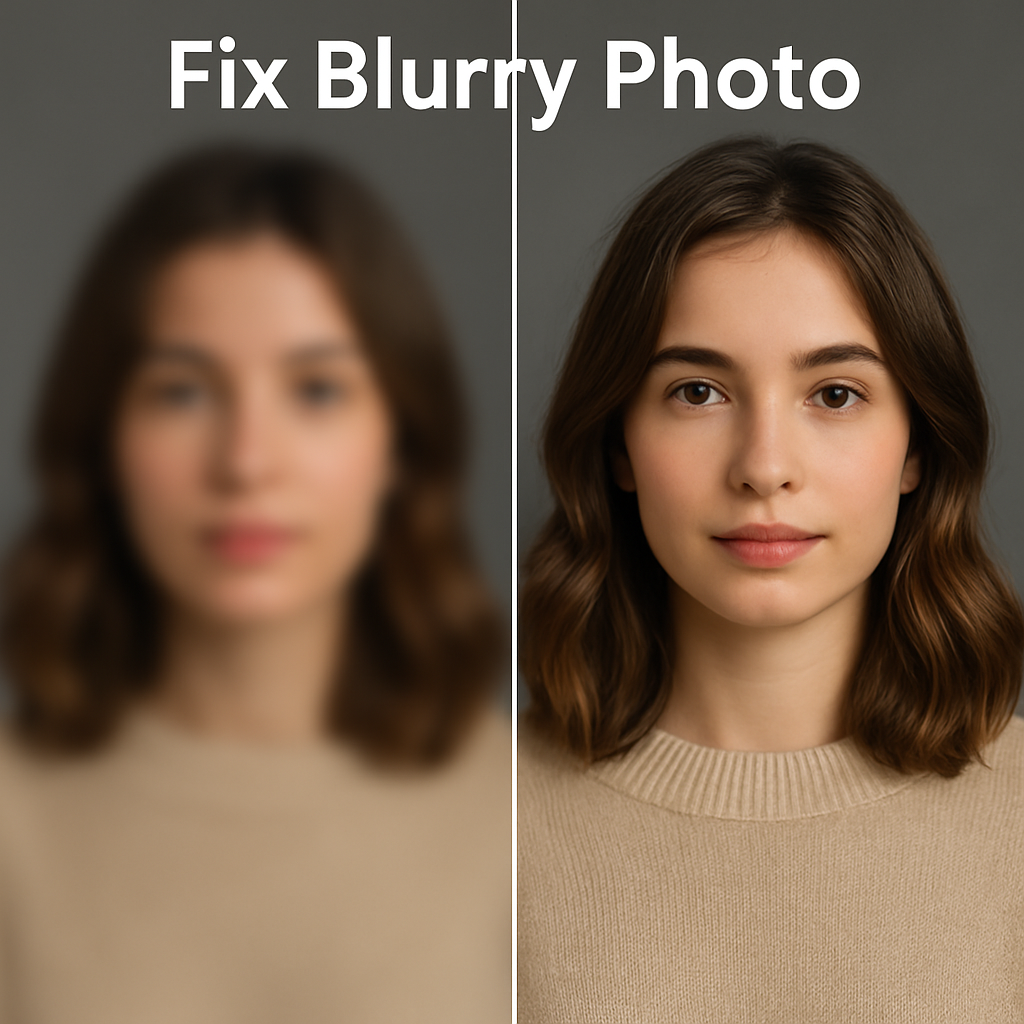 Side-by-side comparison showing how InShot can fix blurry photos: the left side displays a blurred portrait of a woman, while the right side shows the same image enhanced with sharp and clear details.